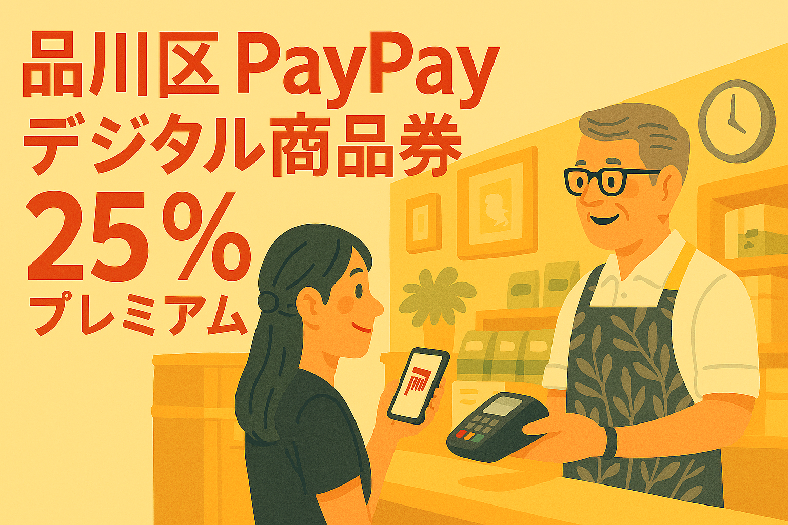 温かみのあるイラストで、店内でスマートフォンをかざす女性客とカードリーダーを差し出す笑顔の店主がやりとりするシーン。画面上部には赤い文字で「品川区PayPayデジタル商品券 25%プレミアム」と表示されている。